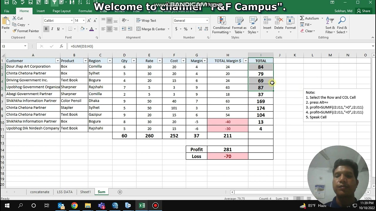 How to calculate profit and loss, Row & Column SUM and  Speak cells for invoice audit.