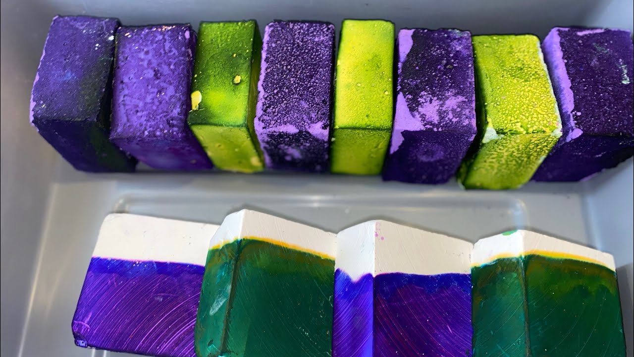 13 PURPLE AND GREEN DYED GYM CHALK BLOCKS / ASMR / ODDLY SATISFYING
