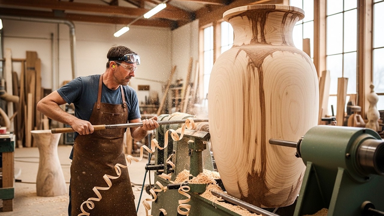 Crafting an Antique Wooden Vase by Hand with Traditional Woodworking Skills