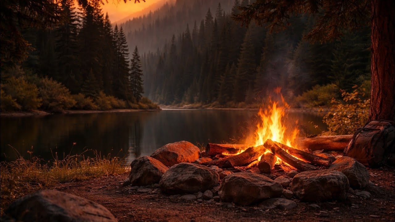 Cozy Campfire by the Lake at Sunset 🔥 Crackling Fire, Birds & Nature Sounds for Relaxation & Sleep  
