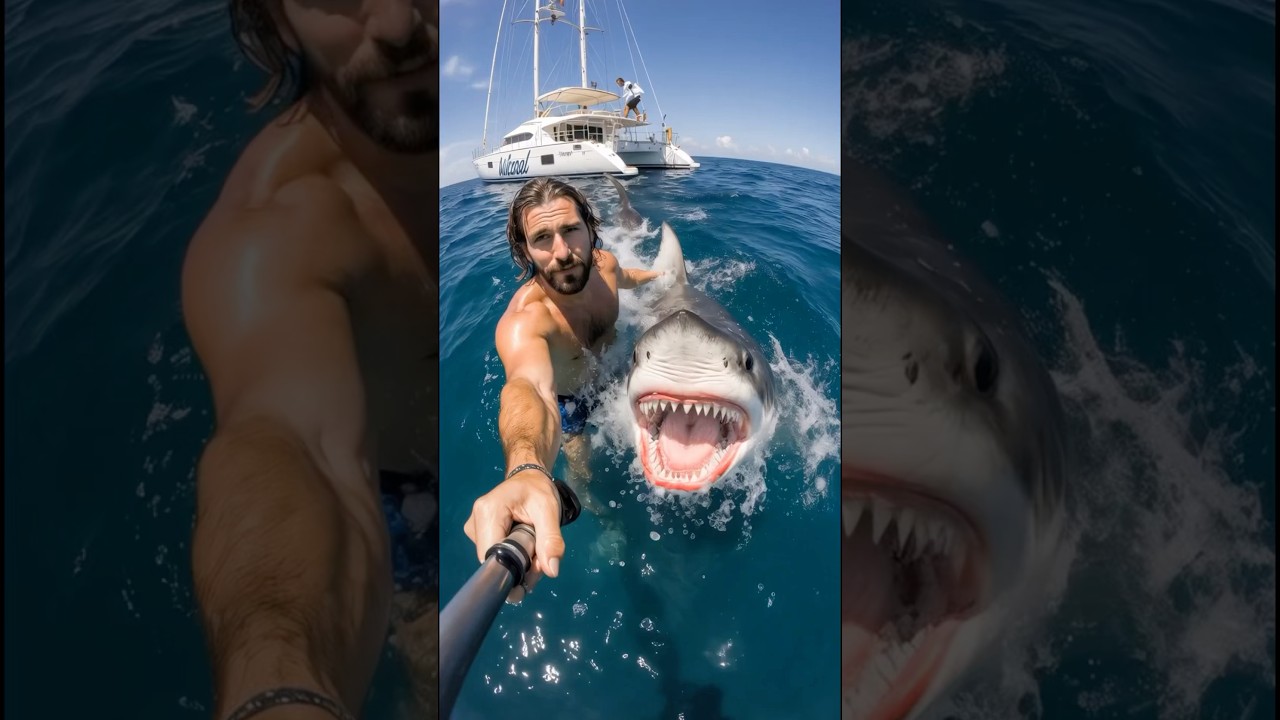 POV: You&acute;re recording a video in the ocean and two sharks attack #shark #ocean #recording #ai #scary
