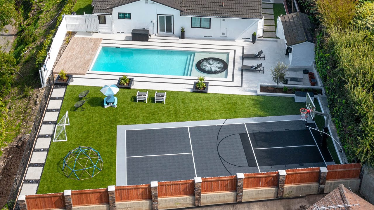 Modern Luxury Resort Style Backyard Walkthrough | Custom Full Size Pool and Play Area