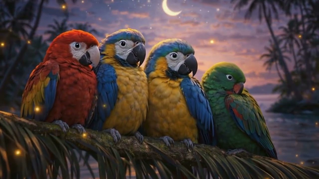 Tropical Parrot Family Under the Moon 🌙 | 1 Hour Nighttime Relaxation