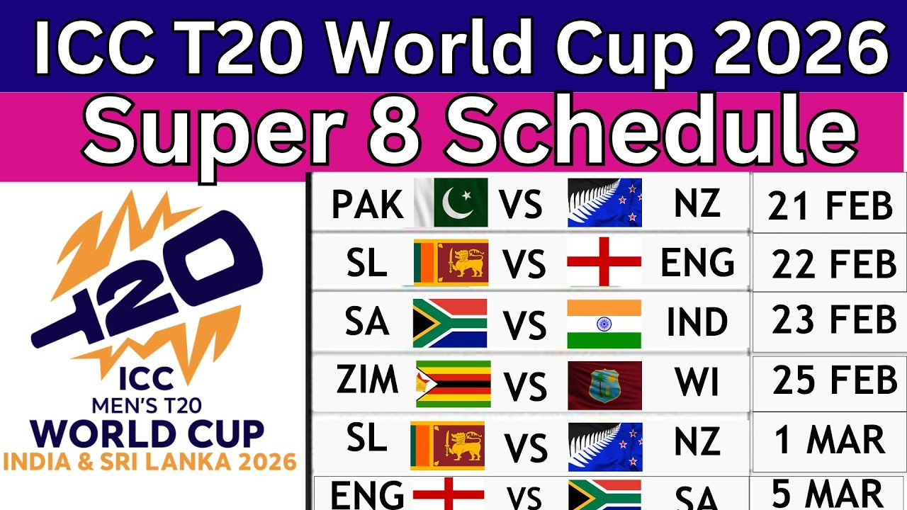 T20 World Cup 2026 Super 8 Schedule: Super 8's round full schedule, fixtures, venues, and timings.