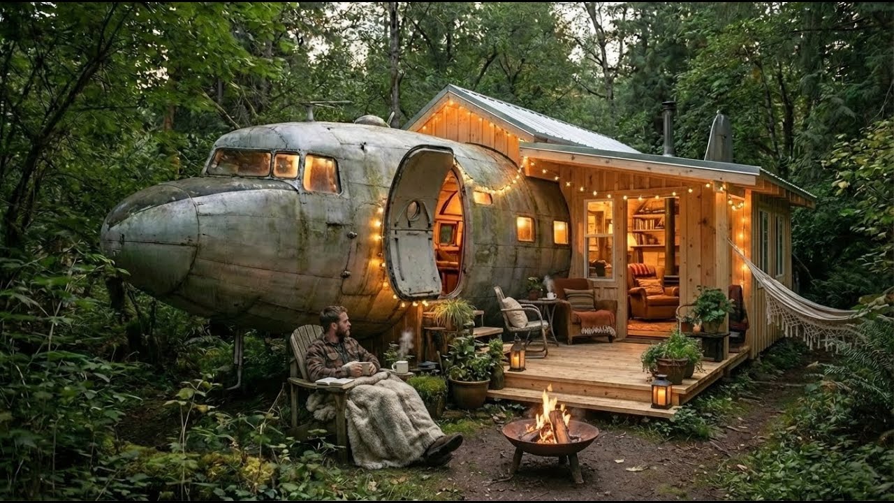 Building a house in the forest (ASMR) – This man built a cozy home inside an airplane by himself