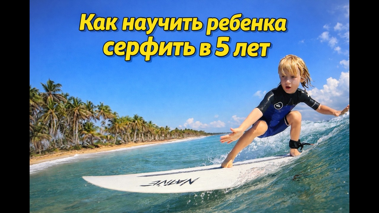 5 years old surfer boy. Обучение детей серфингу.
