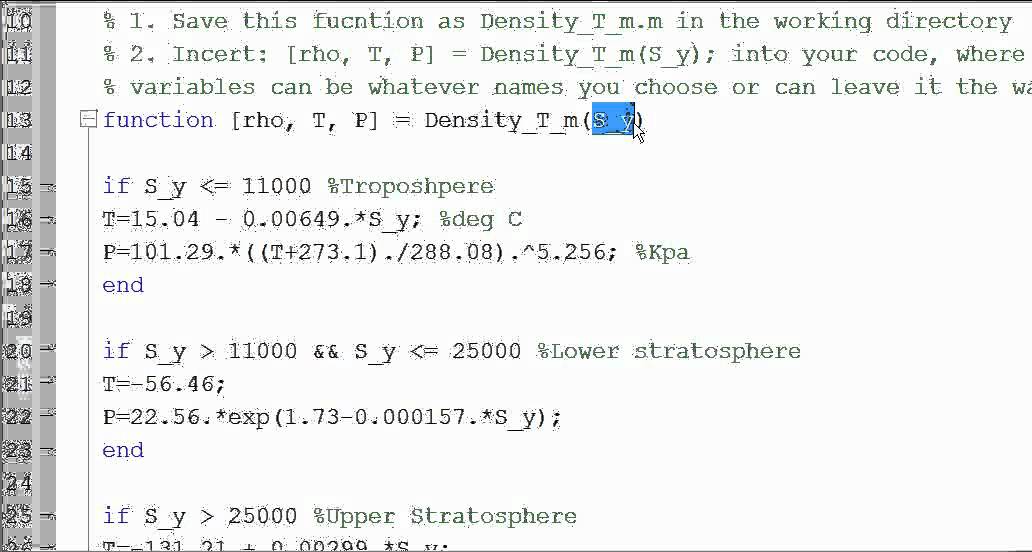 MATLAB Introduction to Functions - Atmospheric Density, Temperature Pressure, metric units