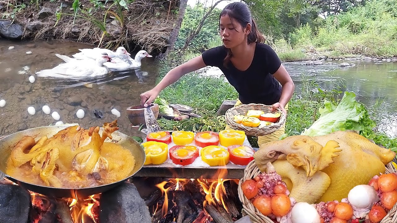 Yummy! Duck egg cooking in bell peppers so delicious food, Chicken spicy curry for dinner, +5 video