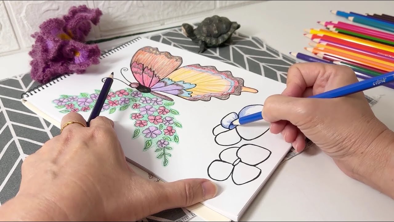 Auntie Doodle - Aesthetic Butterfly Line Art | Half Flower Wing Doodle Drawing
