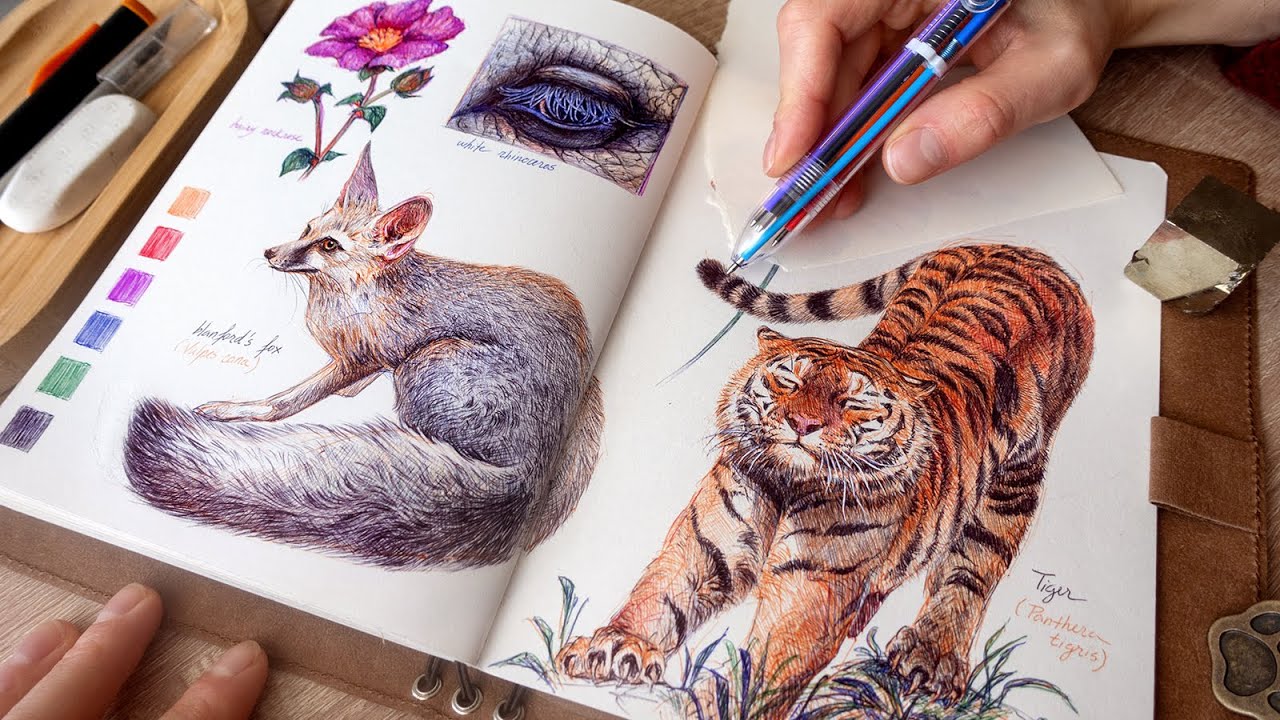 Sketching animals & plants with One Multicolor Ballpoint Pen 🌈