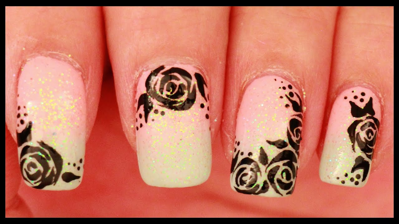 Black Roses on Pastel Ombre nail art