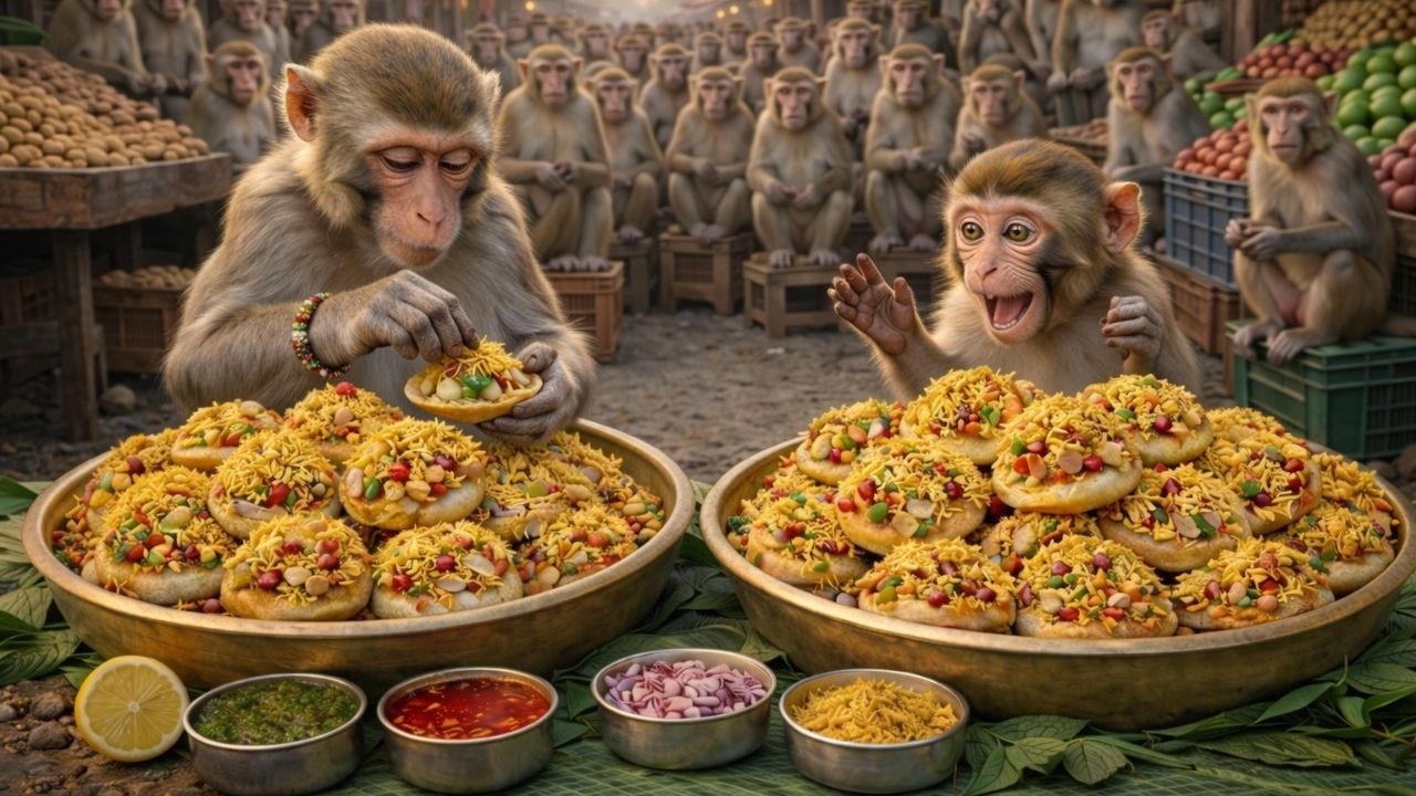 आज बंदरों ने बनाई मुंबई की Famous Sev Puri 😱🔥 पूरा गांव खाने उमड़ पड़ा  Monkey Street Food🐒