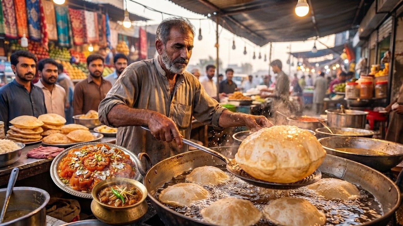 65 YEAR OLD HIGHWAY BREAKFAST | AMAZING PAKISTANI STREET FOOD HALWA PURI MAKING | DESI NASHTA
