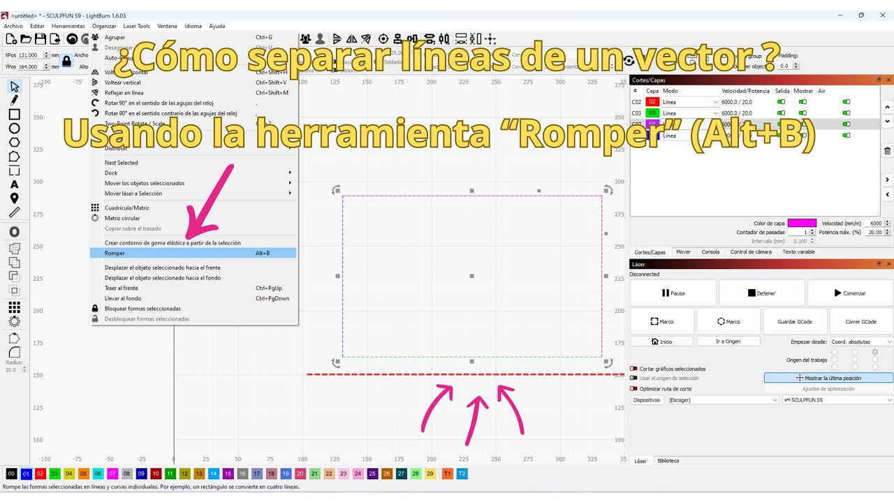 🔥LIGHTBURN🔥 Romper líneas de un vector para cortar figura por partes.