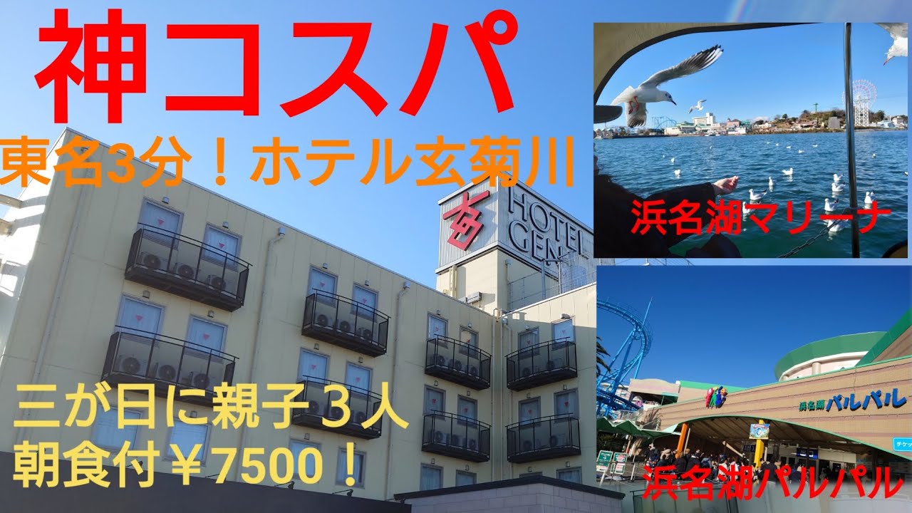 コスパ良し　ホテル玄菊川　お正月三ヶ日　家族３人で￥7500　人には教えたくない宿　浜名湖でカモメと遊ぶ　浜名湖パルパル