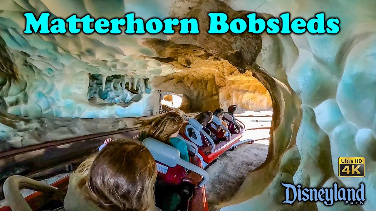 Matterhorn Bobsleds Roller Coaster Tomorrowland Side On Ride Back Seat 4K POV Disneyland 2022 12 13