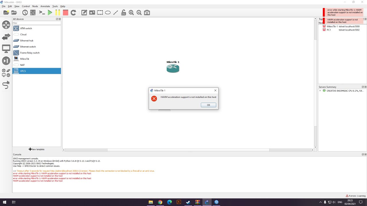 GNS3 RouterOS error | HAXM acceleration support is not installed on this host
