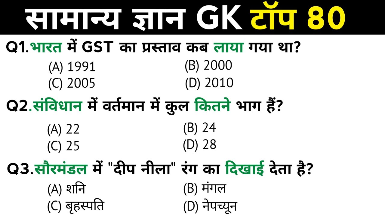 सामान्य ज्ञान | General Knowledge | Top 80 Gk GS questions | SSC GD, MTS, RPF, CRPF | GK quiz