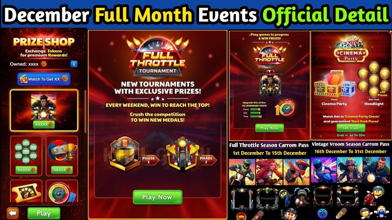 December Full Month Events Official Details🔥||New Full Throttle Theme Free🔥|Prize Shop🤔|#CarromPool🔥