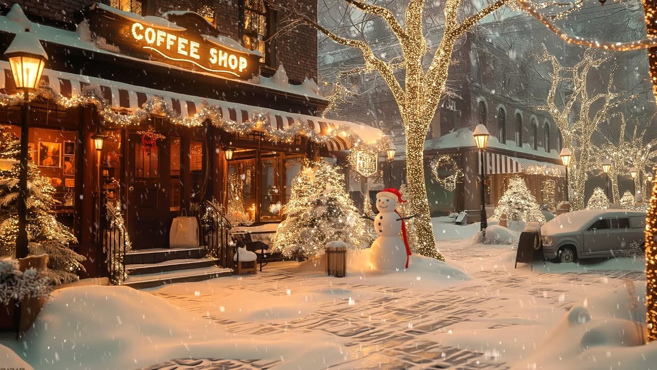 Cozy Coffee Shop - Winter Ambience with Jazz Music, Snow, & Blizzard for Relaxation