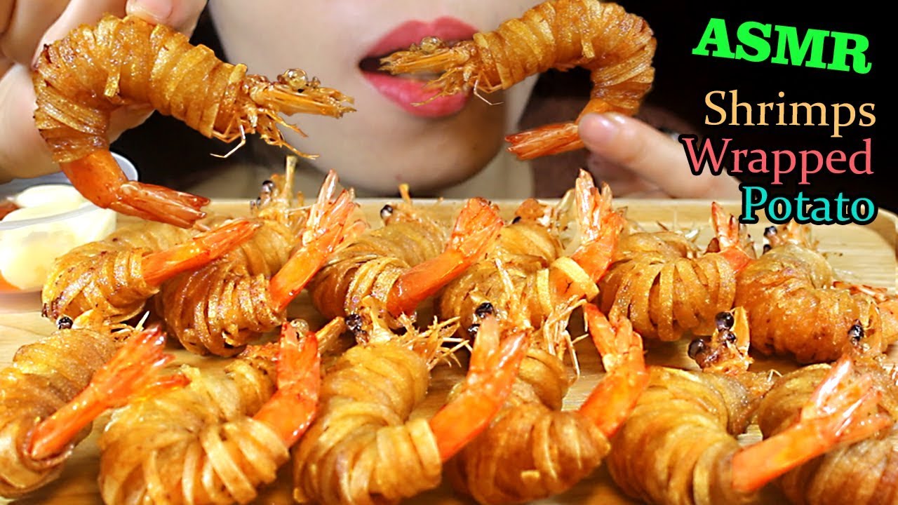 ASMR Fried Shrimps Wrapped Potatoes *EXTREME CRUNCH* Ăn tôm chiên cuộn khoai tây.