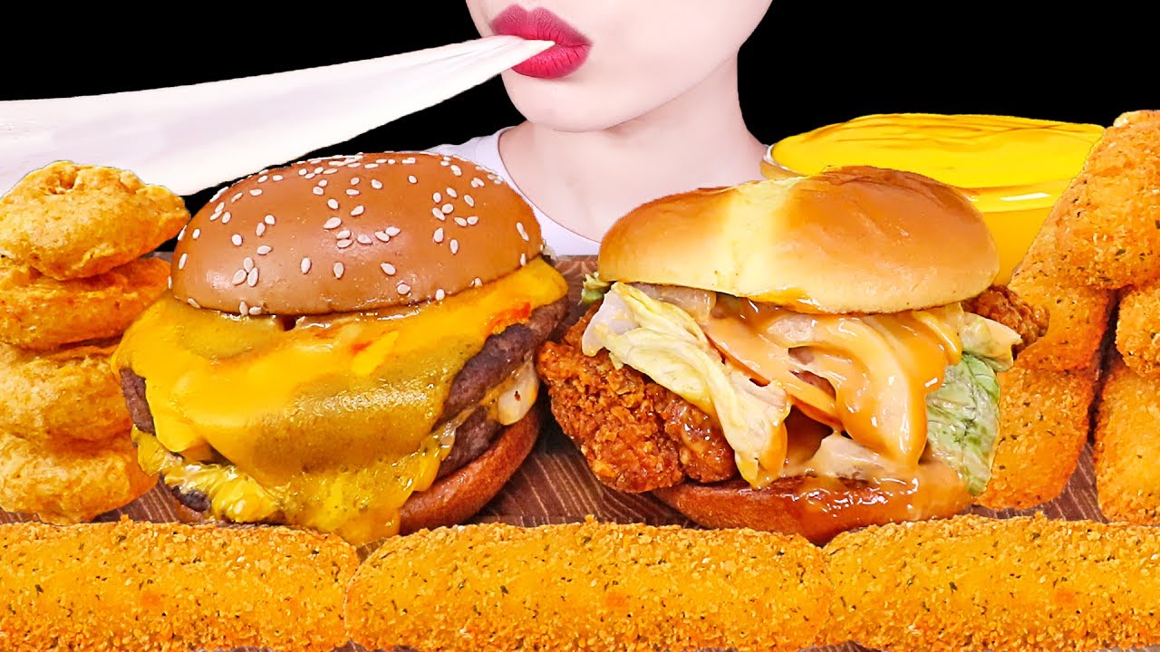 ASMR MUKBANG｜MCDONALD'S CHEESE BURGER, CHEESE STICK, NUGGETS, CHEESE SAUCE 맥도날드 햄버거 치즈스틱 맥너겟 치즈소스 먹방