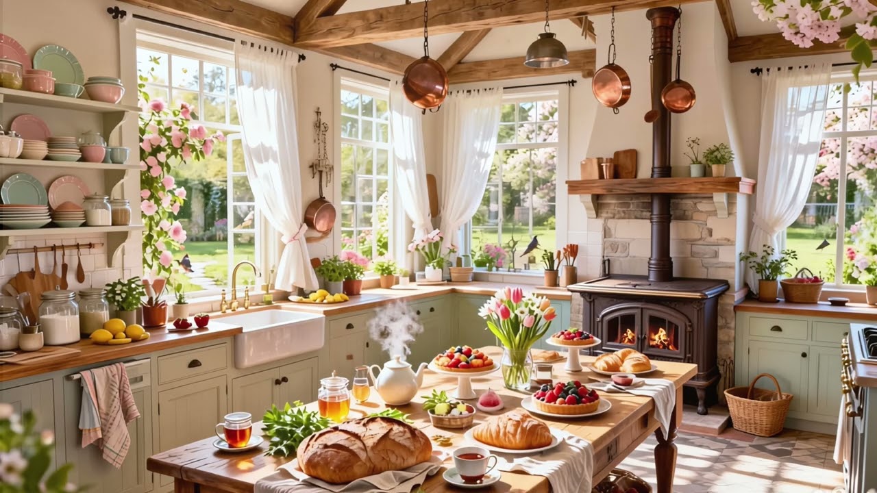 Spring Cottage Kitchen Ambience 🌸🔥 | Gentle Fire, Birds & Wind Chimes