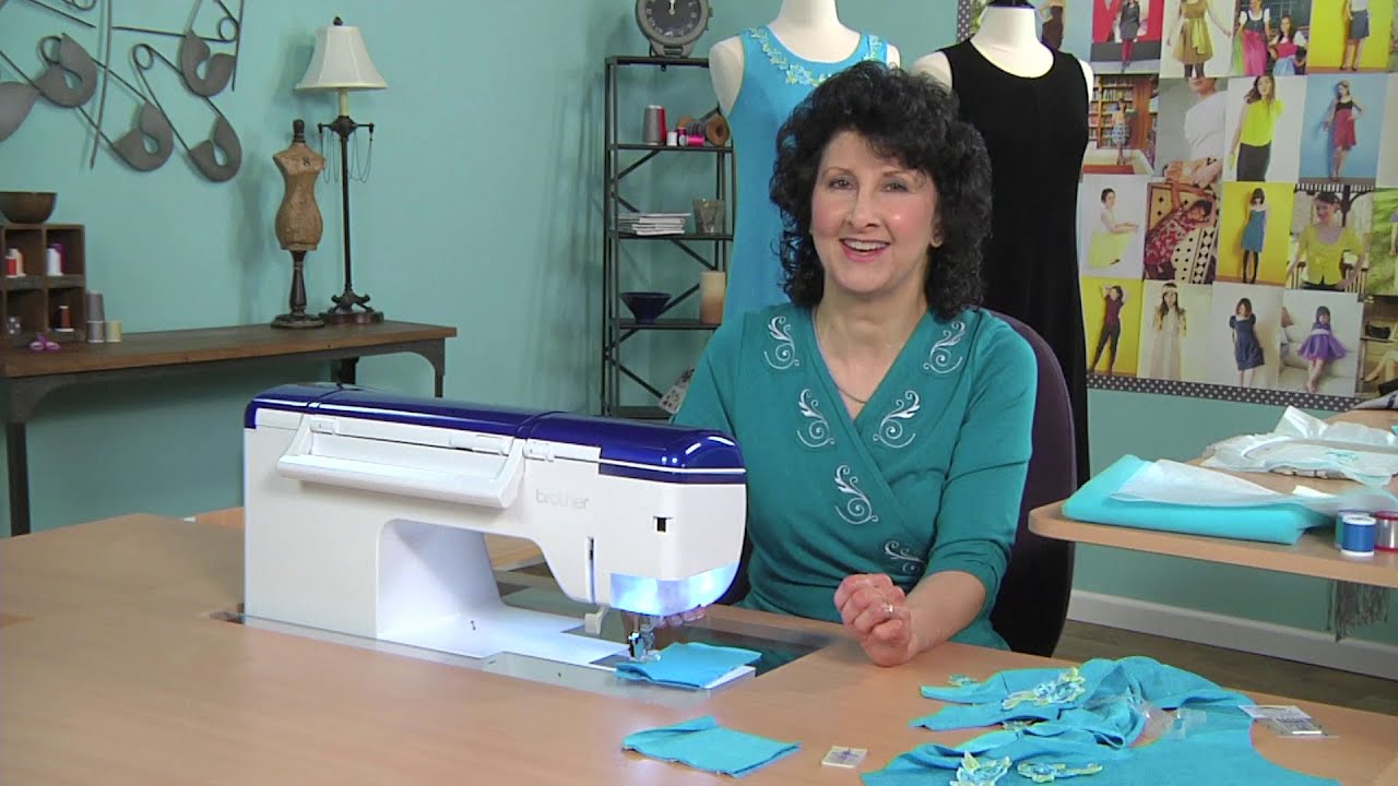 Joanne Banko adds machine embroidered roses to a knit dress on It's Sew Easy TV show 1204-2