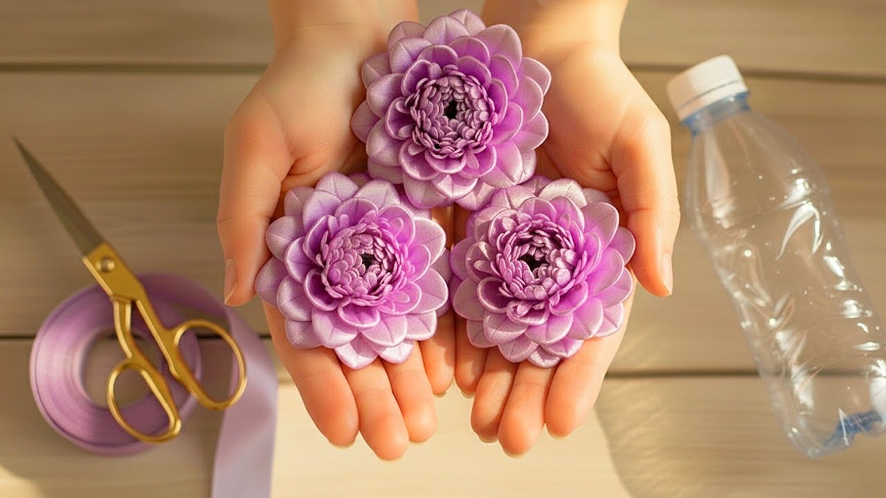 🌸Genius Hack! How to Make Dahlia Flowers from Satin Ribbon with Used Water Bottles♻️