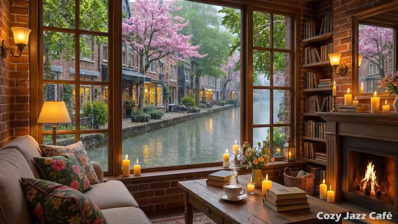 Rainy Spring Coffee Shop ☕ Gentle Jazz Piano & Fireplace Sounds for Study & Focus