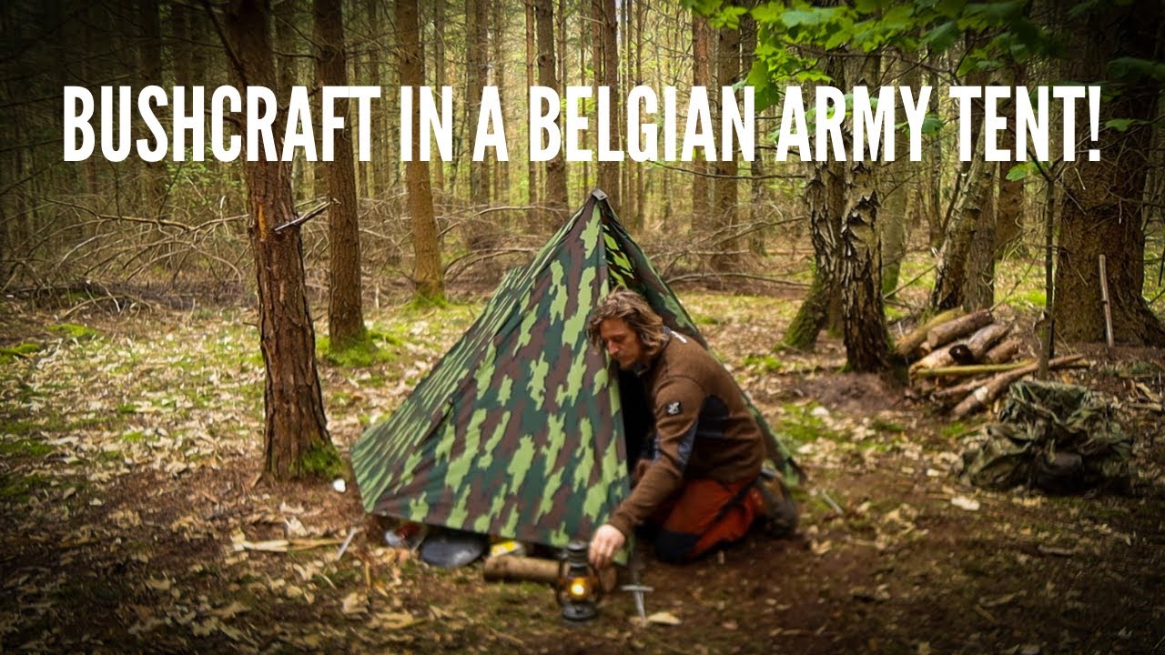 48 Hours OffGrid Bushcraft Camping In A Belgian Army Tent! Guy Lineless Tarp Setup.