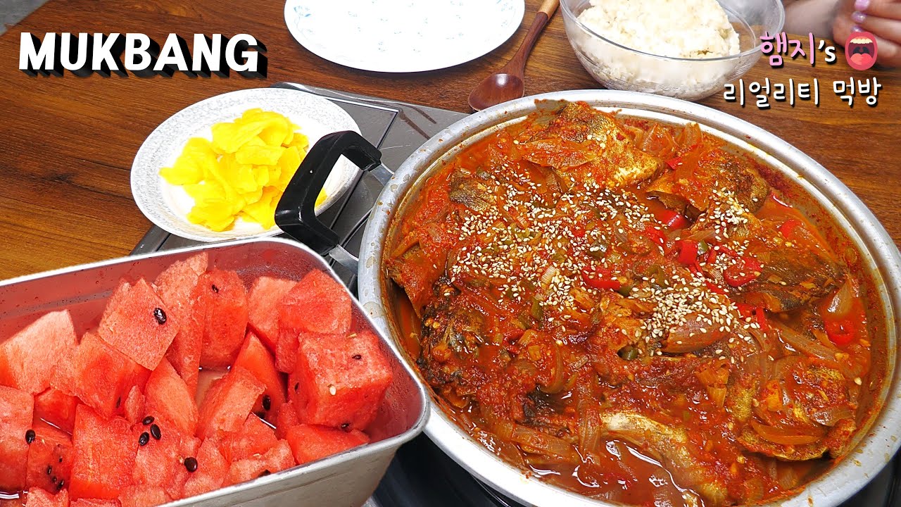 리얼먹방:) 매콤달콤 코다리조림 만들기 ★ 디저트는 수박!! ㅣKodari-jorim (braised pollack)ㅣREAL SOUNDㅣASMR MUKBANGㅣ