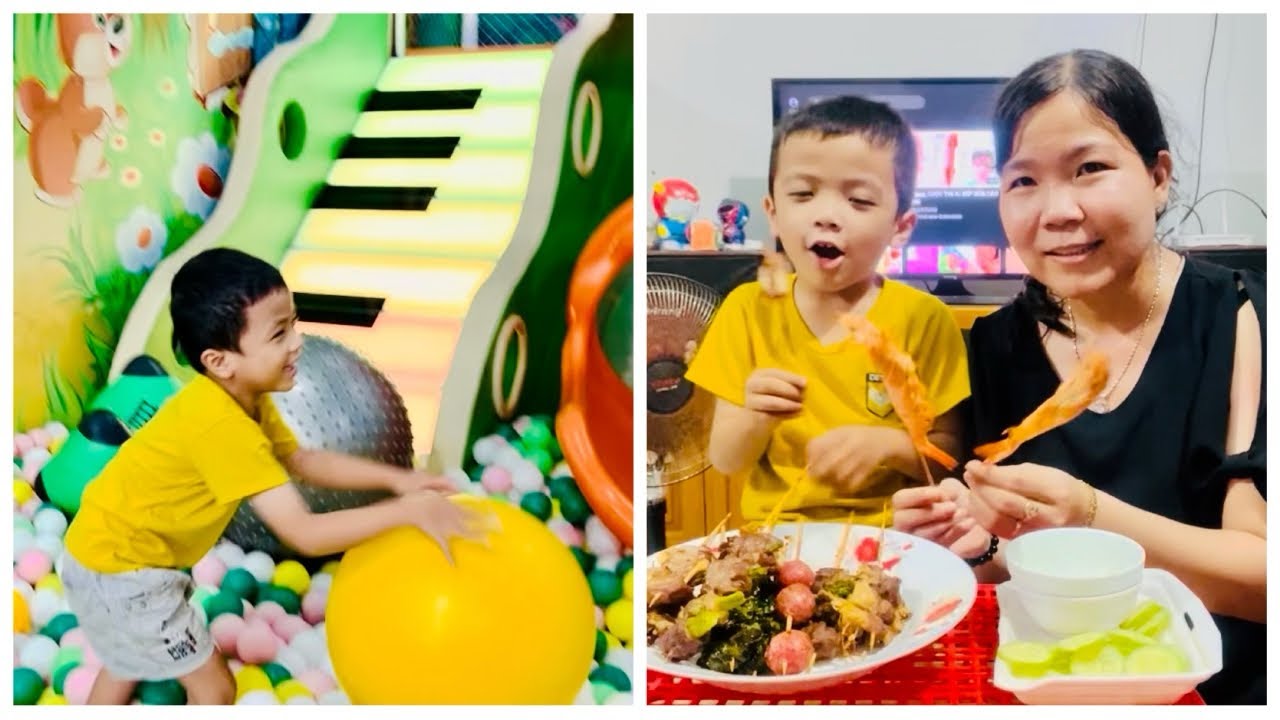 Đi Mua Bò Cuốn Nấm, Bò Cuốn Lá Lốt Và Tôm Về Nướng Ăn Thật Ngon, Cho Đăng Chơi Nhà Banh Vui Quá