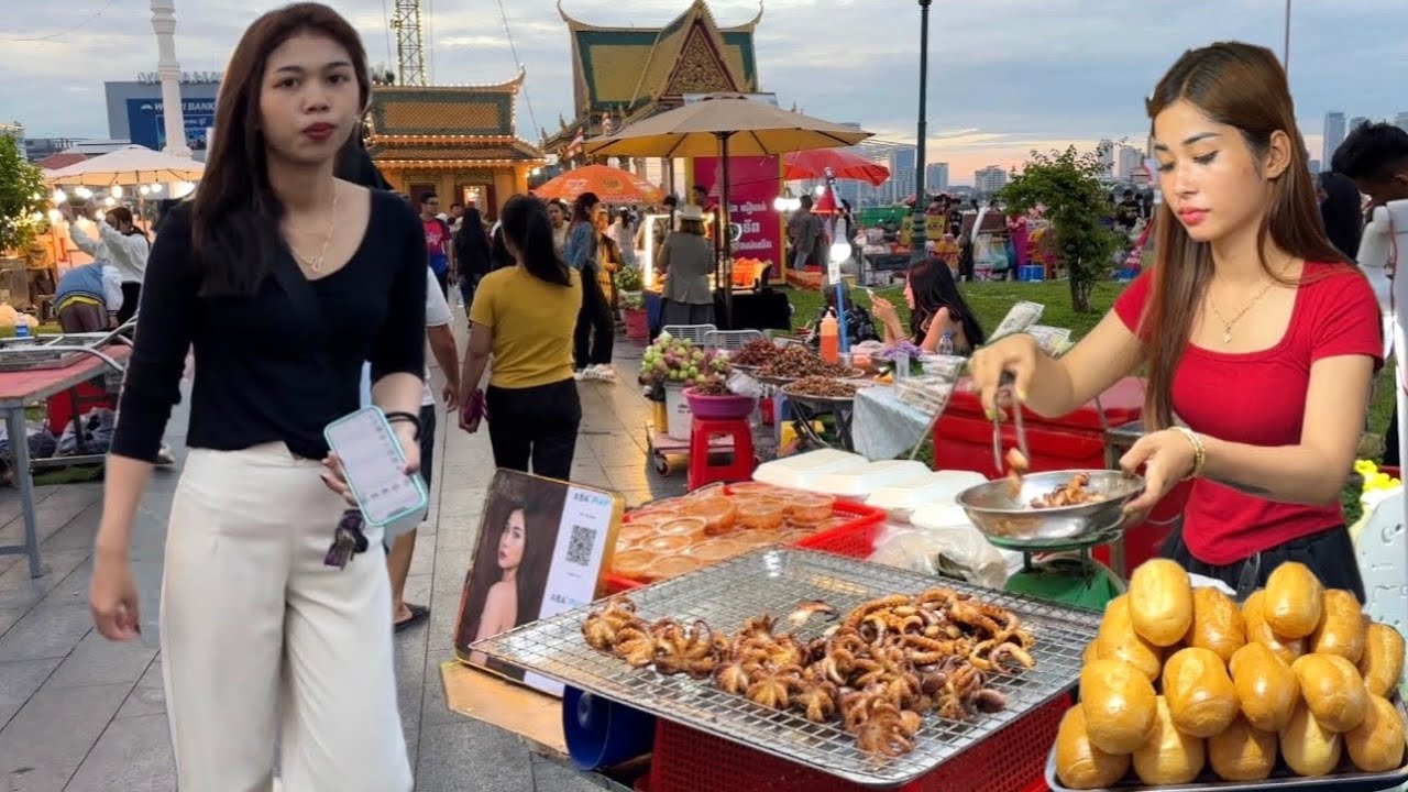 Best Popular CAMBODIAN Street Food Tour 2025 - Walking in Phnom Penh City, Chaktomuk Walk Street