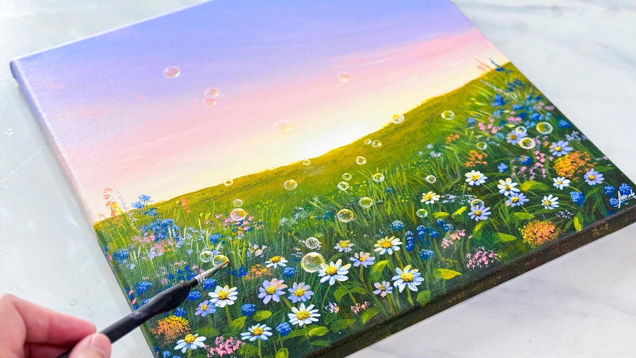 🌼Spring Painting Idea | Dreamy Meadow Painting with Field of Daisies & Bubbles in Acrylic
