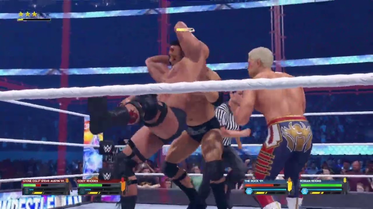 WWE2K24 Stone Cold Steve Austin and Cody Rhodes vs Roman Reigns and Rock HELL IN A CELL