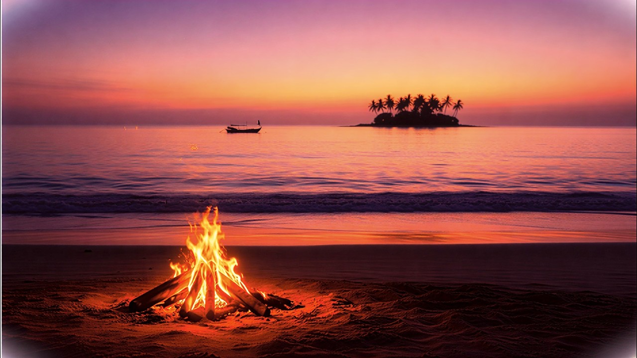 Beach Campfire at Night 🌊 Deep Sleep with Ocean Waves & Crackling Fire Sounds