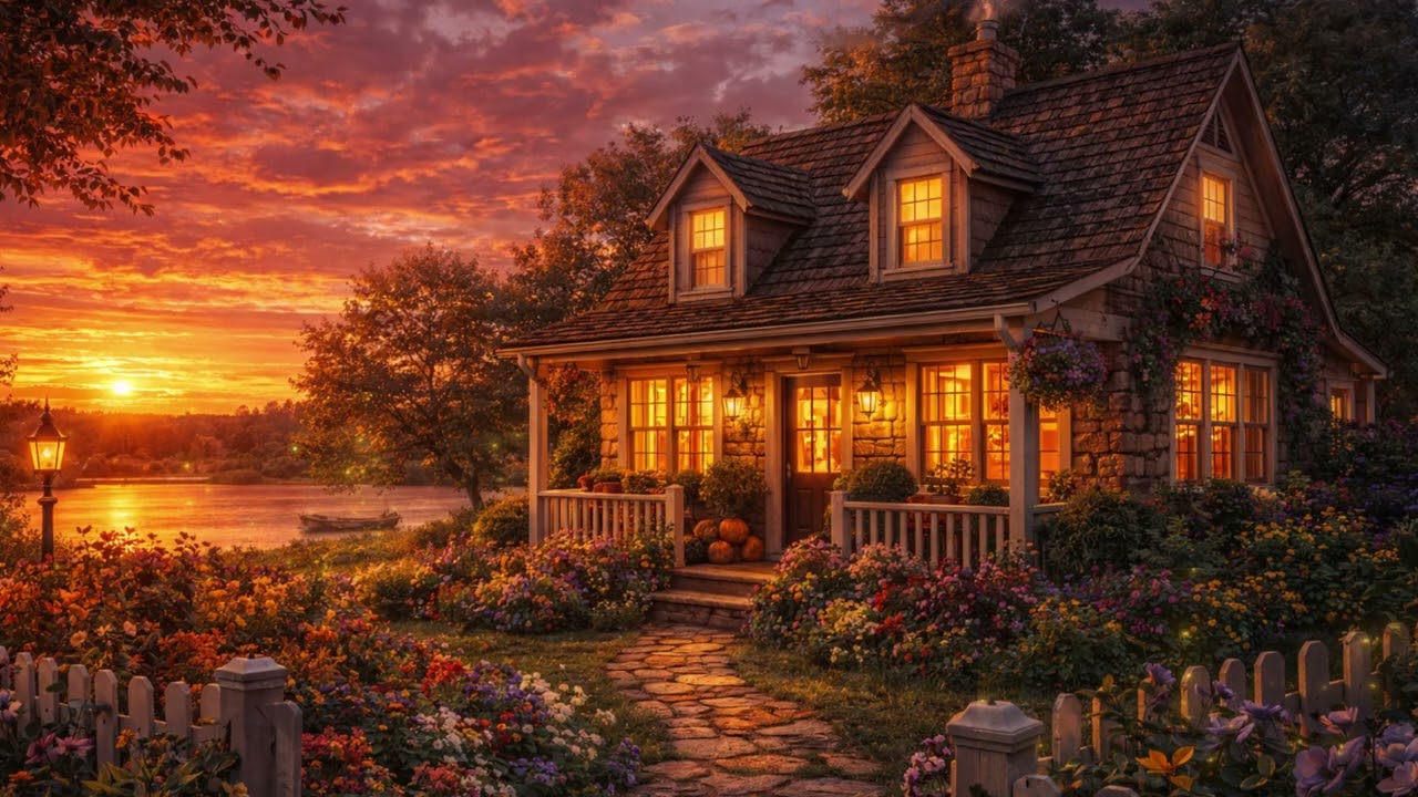 Spring cozy cottage at sunset | with Nature sounds and fireflies |