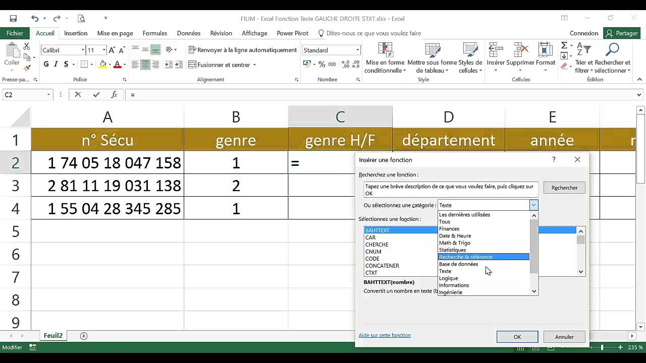 Excel - 3 Avancé - Cours Fonctions Texte GAUCHE DROITE STXT