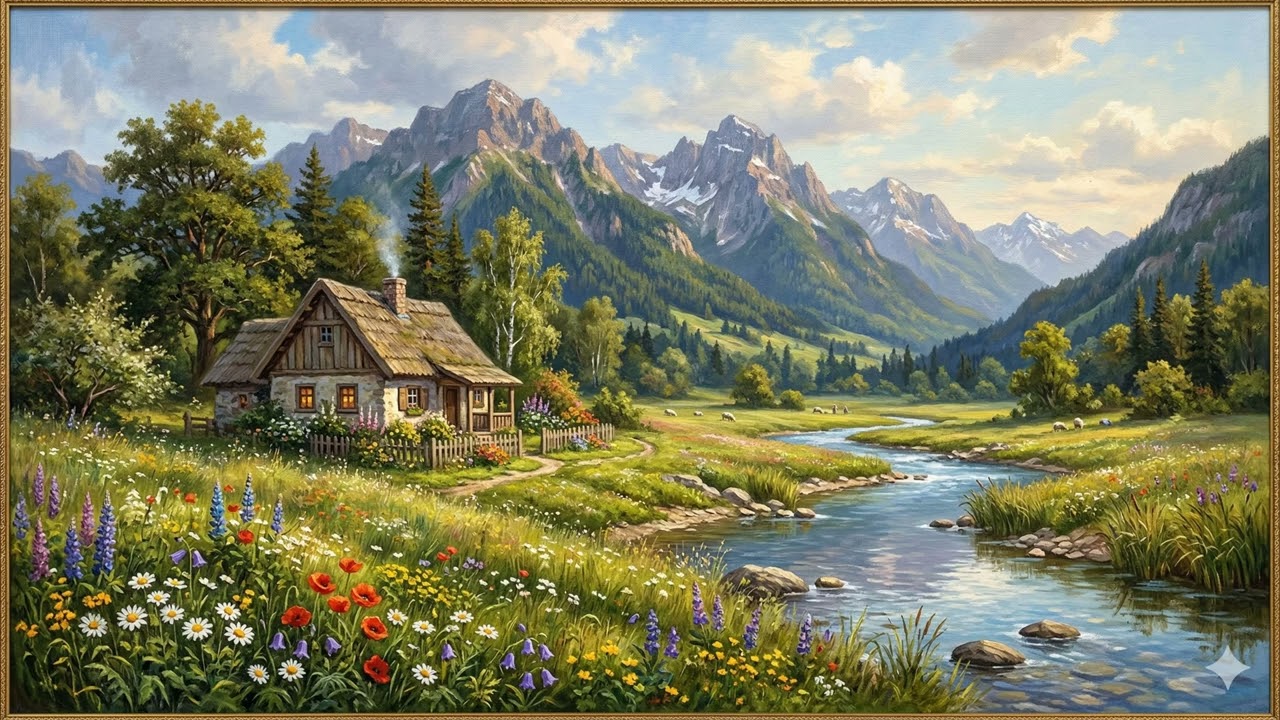 Rural House With Flowers and River