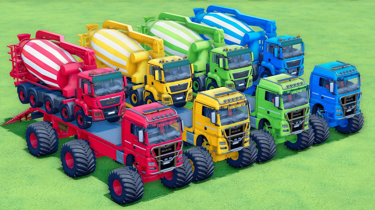 MONSTER FLATBED TRUCK LONG CONVOY TRANSPORT OF COLORS! ALL  MIXER TRUCK, MAN, VOLVO, KENWORTH - FS25