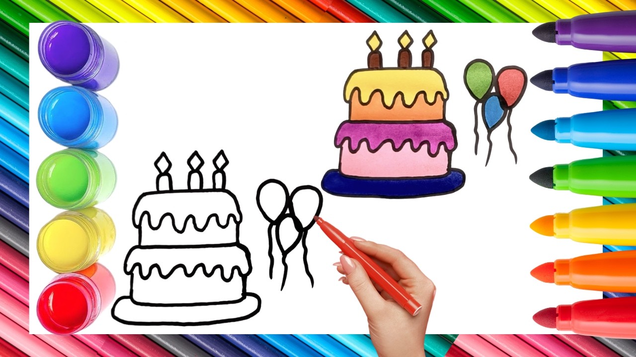How To Draw cute Birthday Cake Drawing, Painting & Coloring For Kids and Toddlers_ Child Art 🐋🌈🎨