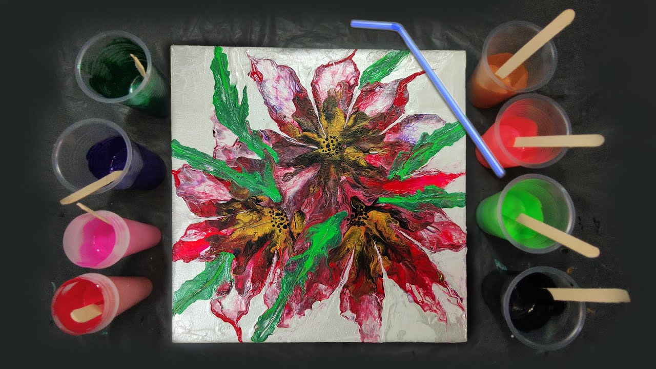 AMAZING acrylic pour FLOWER painting with straw /Vibrant Bloom flowers