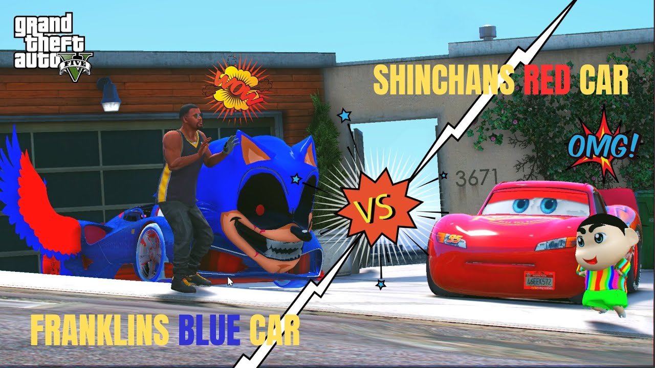 GTA 5 : Shinchan Red Mc Queen CAR VS Franklins Blue Sonic Car  GTA 5 !
