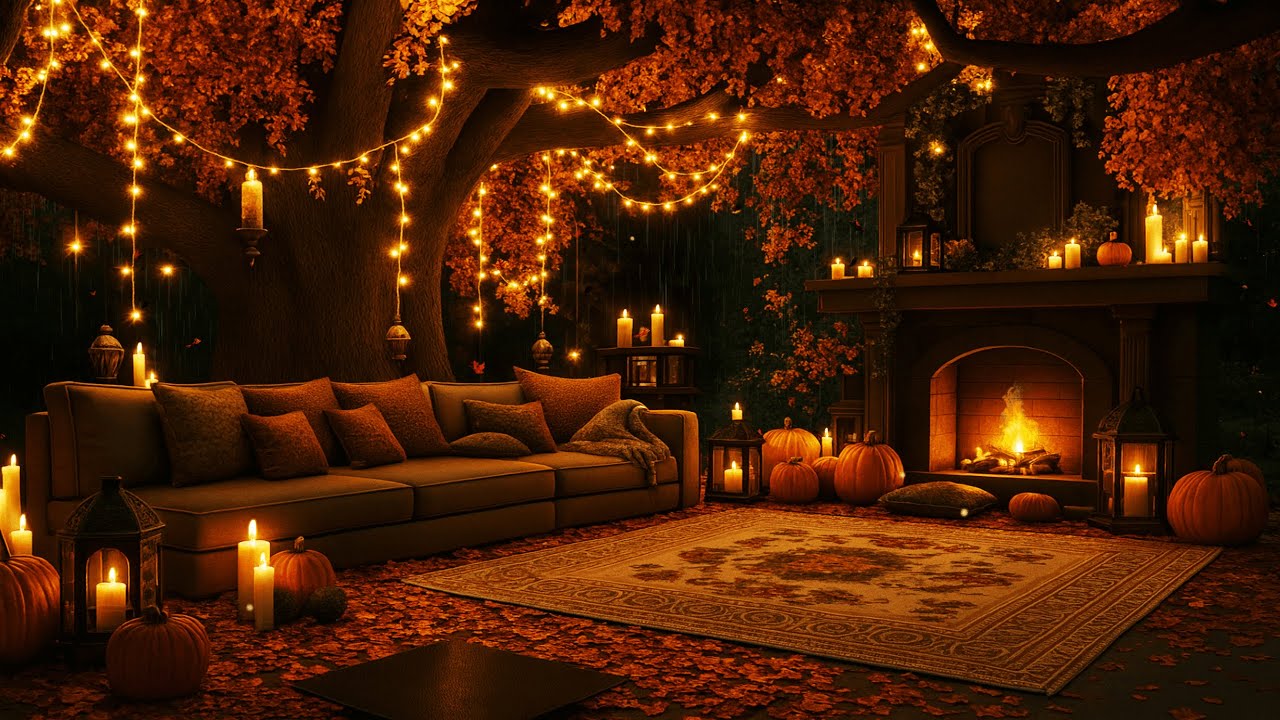 Autumn Evening Magic 🍂 Crackling Fireplace, Gentle Rain & Calm Relaxing Atmosphere
