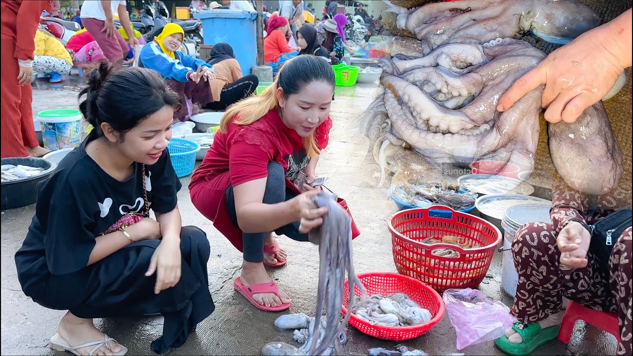 Morning port seafood so busy in my countryside, Seafood tour | Family cooking | Cooking with Sros