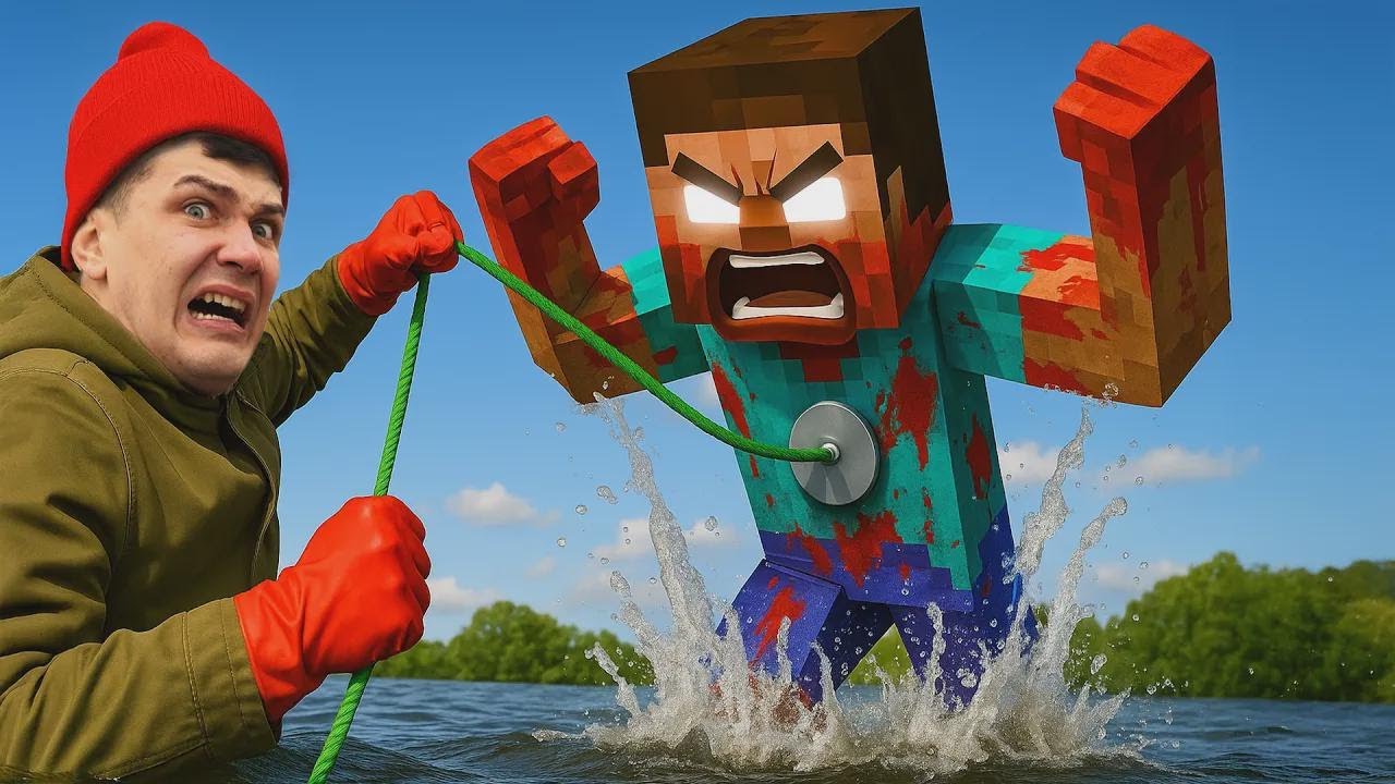 Encontrei um MONSTRO do MINECRAFT enquanto pescava com ímã! Será que era o HEROBRINE?!