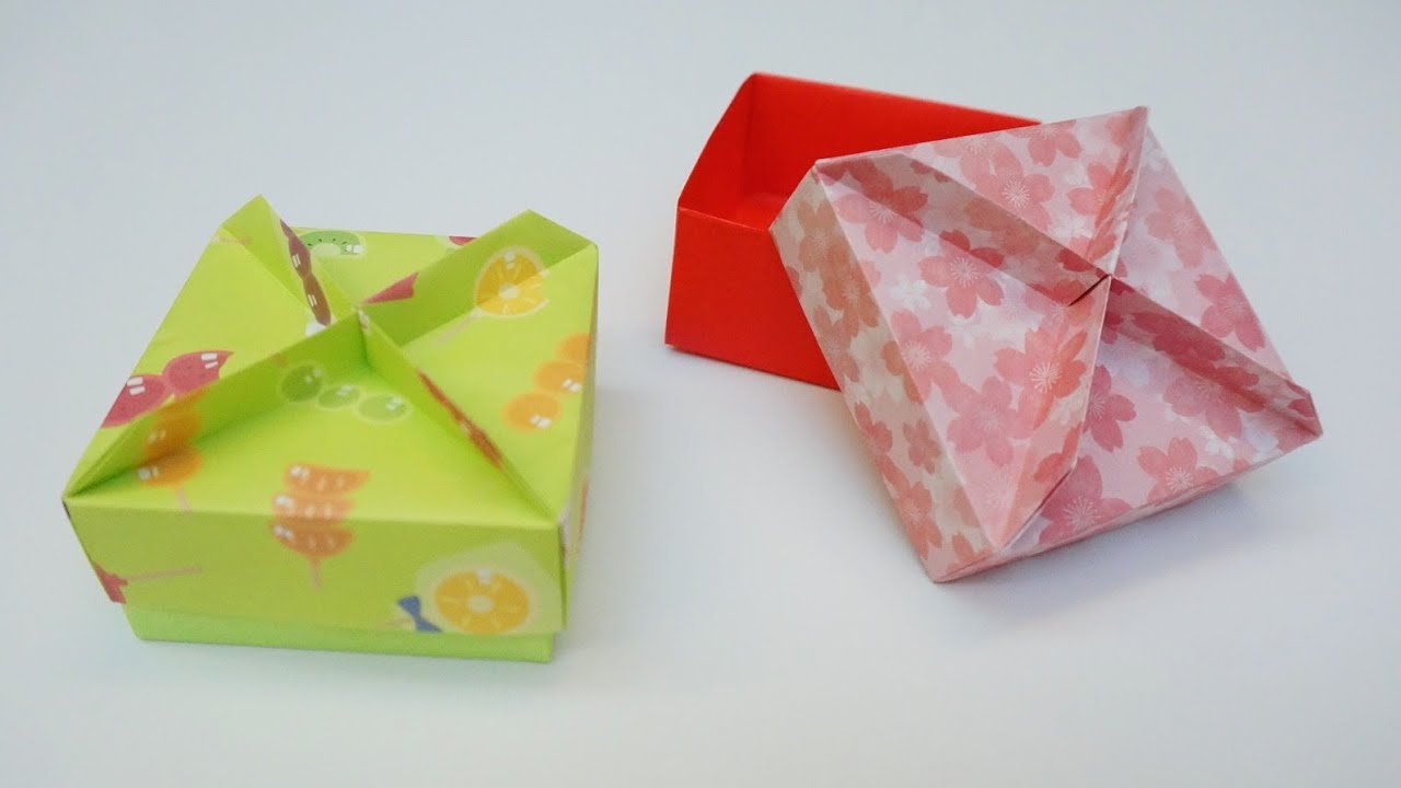 Origami Square Box with Lid【摺紙藝術】紙盒 四角盒、正方形紙盒  盒身+盒蓋。Caja cuadrada con tapa.