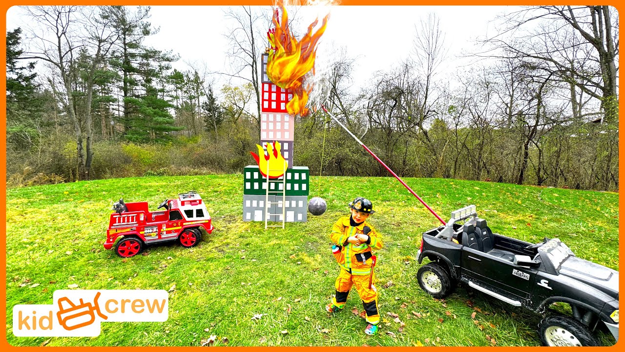 Rescuing pet from fire with kids ride on fire truck, drone & wrecking ball. Educational | Kid Crew