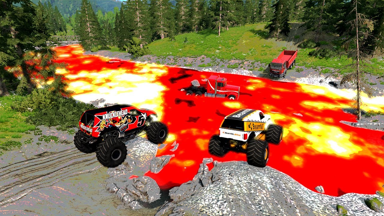 Big Wheels Cars vs Lava River - BeamNG Drive | Cars vs Lava River from Volcano | BeamNG Havoc